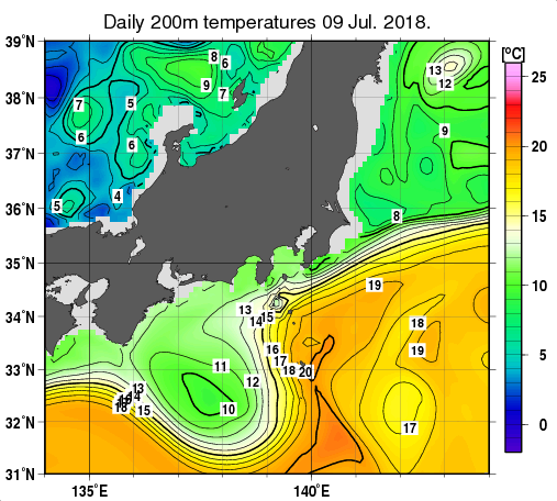 関東・東海・北陸周辺海域の深さ200mの水温分布図（7月9日）
