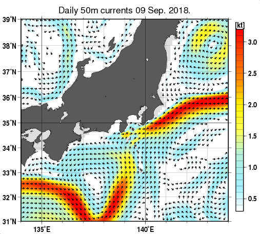 関東・東海・北陸周辺海域の深さ50mの海流分布図（9月9日）