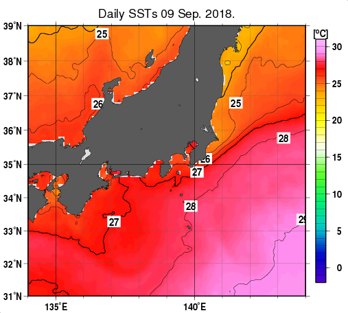 関東・東海・北陸周辺海域の海面水温分布図（9月9日）