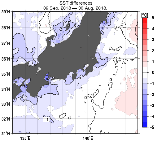 関東・東海・北陸周辺海域の10日間の海面水温変化量分布図（9月9日）