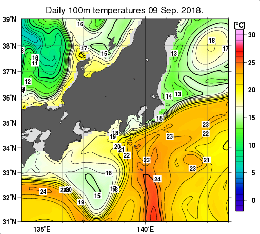 関東・東海・北陸周辺海域の深さ100mの水温分布図（9月9日）