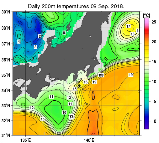 関東・東海・北陸周辺海域の深さ200mの水温分布図（9月9日）