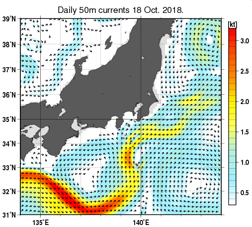関東・東海・北陸周辺海域の深さ50mの海流分布図（10月18日）
