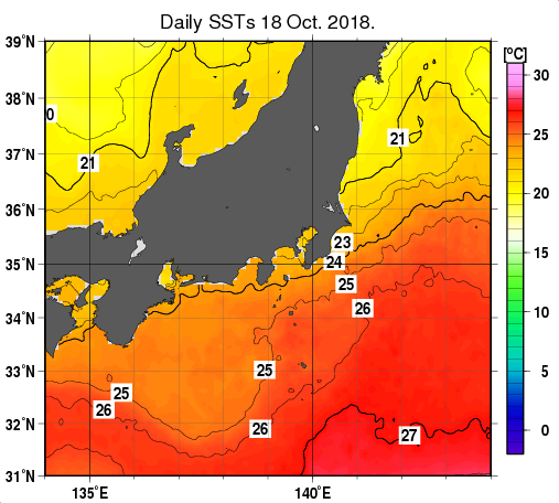 関東・東海・北陸周辺海域の海面水温分布図（10月18日）