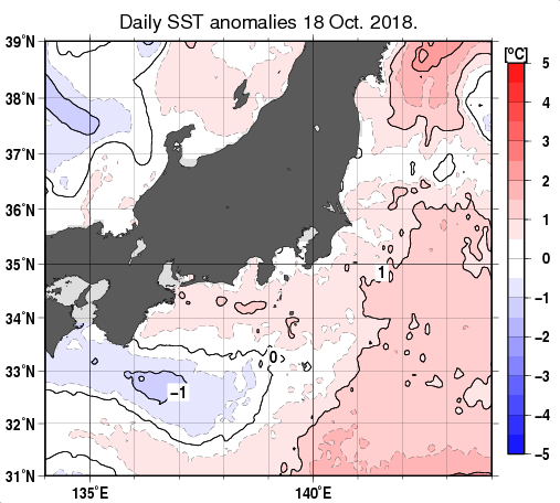 関東・東海・北陸周辺海域の海面水温平年差分布図（10月18日）