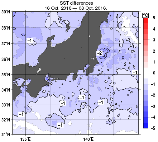関東・東海・北陸周辺海域の10日間の海面水温変化量分布図（10月18日）