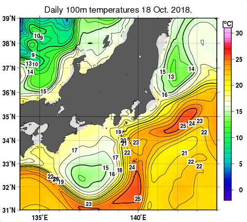 関東・東海・北陸周辺海域の深さ100mの水温分布図（10月18日）