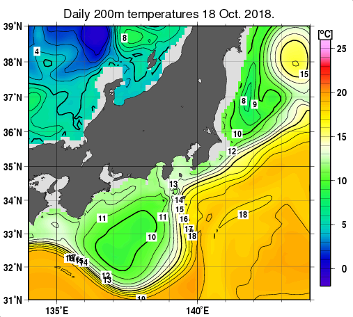 関東・東海・北陸周辺海域の深さ200mの水温分布図（10月18日）