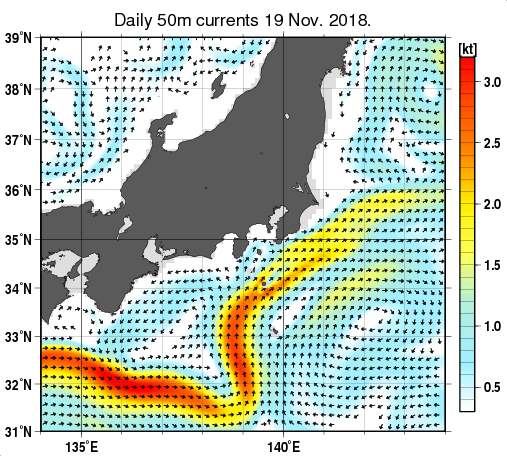 関東・東海・北陸周辺海域の深さ50mの海流分布図（11月19日）