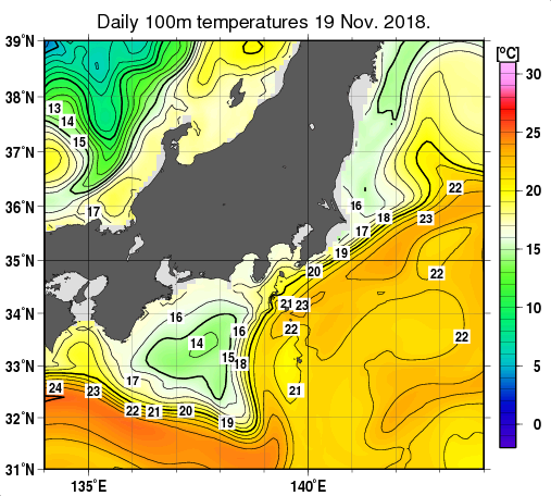関東・東海・北陸周辺海域の深さ100mの水温分布図（11月19日）