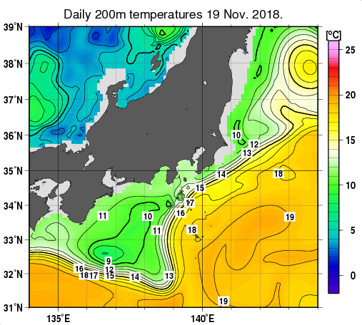 関東・東海・北陸周辺海域の深さ200mの水温分布図（11月19日）