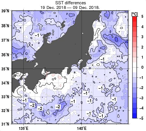関東・東海・北陸周辺海域の10日間の海面水温変化量分布図（12月19日）