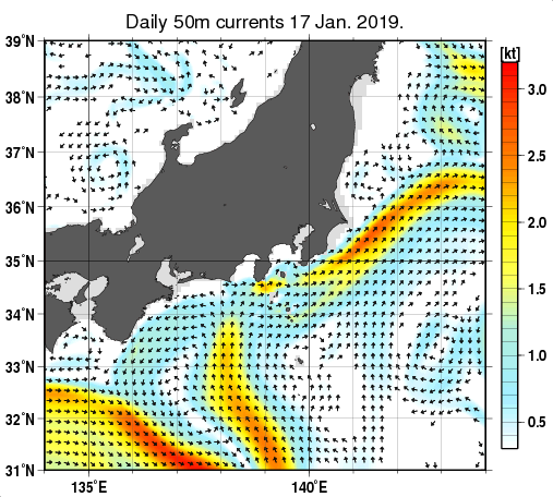 関東・東海・北陸周辺海域の深さ50mの海流分布図（1月17日）
