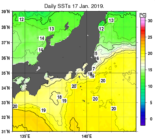 関東・東海・北陸周辺海域の海面水温分布図（1月17日）