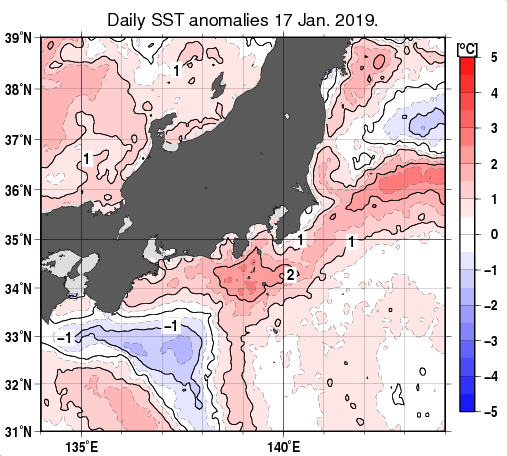 関東・東海・北陸周辺海域の海面水温平年差分布図（1月17日）