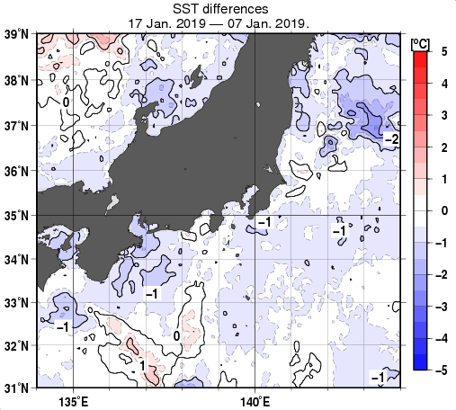 関東・東海・北陸周辺海域の10日間の海面水温変化量分布図（1月17日）