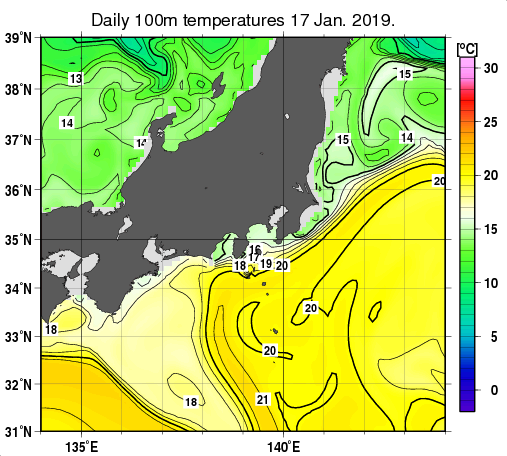 関東・東海・北陸周辺海域の深さ100mの水温分布図（1月17日）