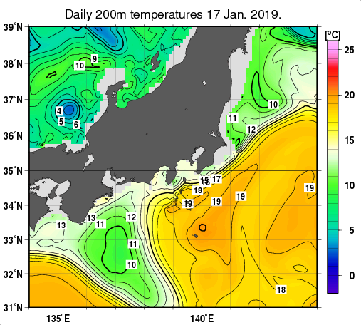 関東・東海・北陸周辺海域の深さ200mの水温分布図（1月17日）