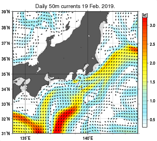 関東・東海・北陸周辺海域の深さ50mの海流分布図（2月19日）
