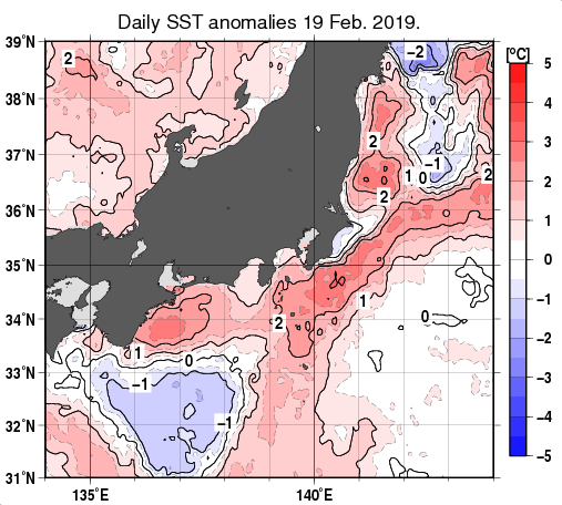 関東・東海・北陸周辺海域の海面水温平年差分布図（2月19日）