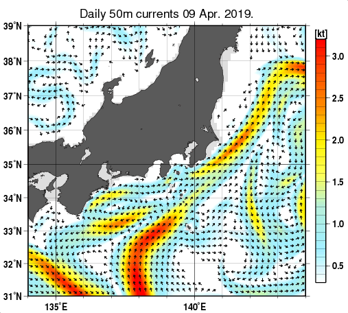 関東・東海・北陸周辺海域の深さ50mの海流分布図（4月9日）