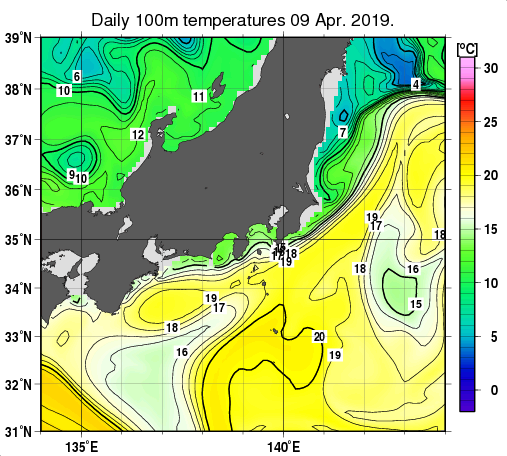 関東・東海・北陸周辺海域の深さ100mの水温分布図（4月9日）