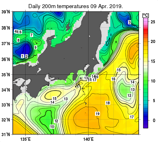 関東・東海・北陸周辺海域の深さ200mの水温分布図（4月9日）