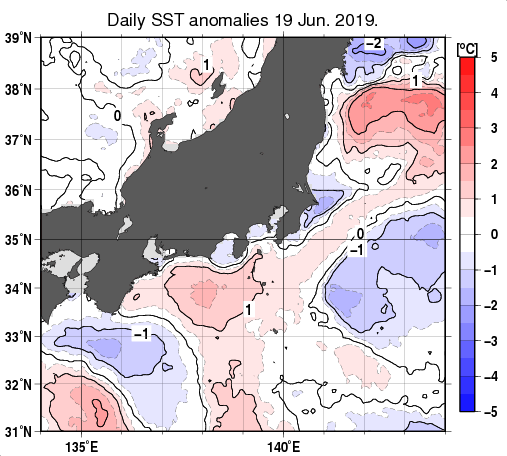 関東・東海・北陸周辺海域の海面水温平年差分布図（6月19日）