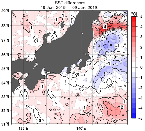 関東・東海・北陸周辺海域の10日間の海面水温変化量分布図（6月19日）