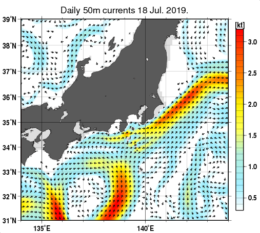 関東・東海・北陸周辺海域の深さ50mの海流分布図（7月18日）
