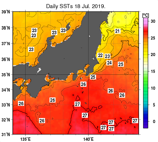 関東・東海・北陸周辺海域の海面水温分布図（7月18日）