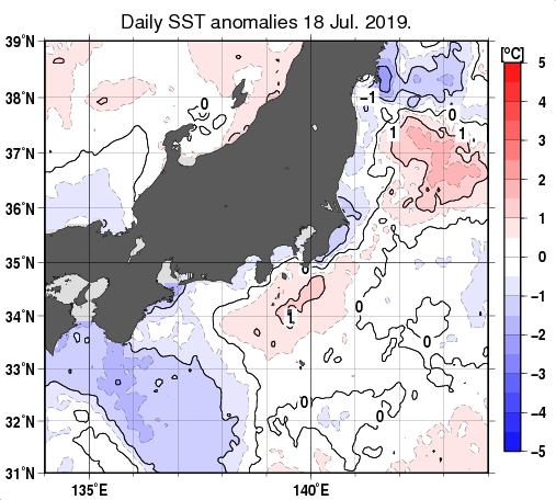 関東・東海・北陸周辺海域の海面水温平年差分布図（7月18日）