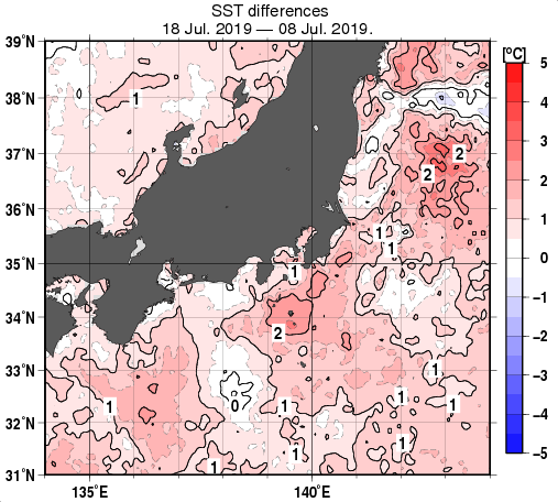 関東・東海・北陸周辺海域の10日間の海面水温変化量分布図（7月18日）