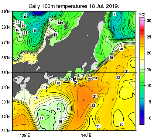関東・東海・北陸周辺海域の深さ100mの水温分布図（7月18日）