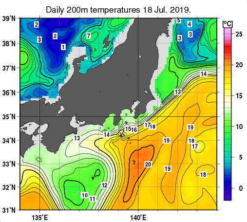 関東・東海・北陸周辺海域の深さ200mの水温分布図（7月18日）