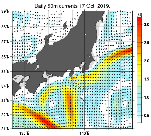 関東・東海・北陸周辺海域の深さ50mの海流分布図（10月17日）