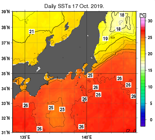 関東・東海・北陸周辺海域の海面水温分布図（10月17日）