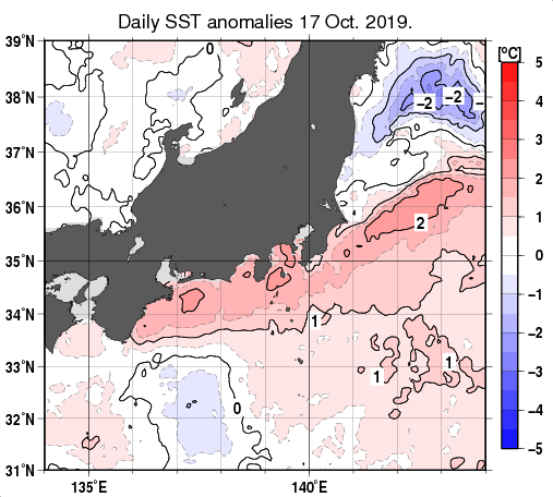 関東・東海・北陸周辺海域の海面水温平年差分布図（10月17日）