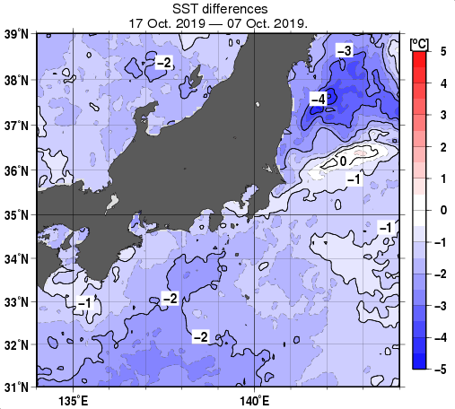 関東・東海・北陸周辺海域の10日間の海面水温変化量分布図（10月17日）