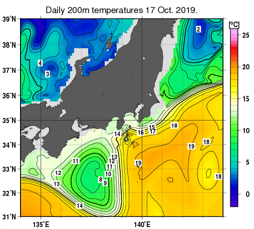 関東・東海・北陸周辺海域の深さ200mの水温分布図（10月17日）