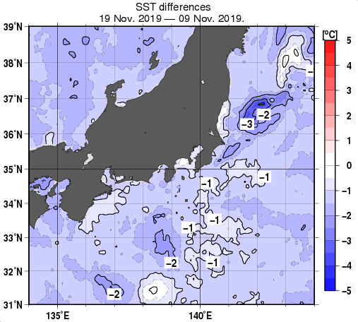 関東・東海・北陸周辺海域の10日間の海面水温変化量分布図（11月19日）