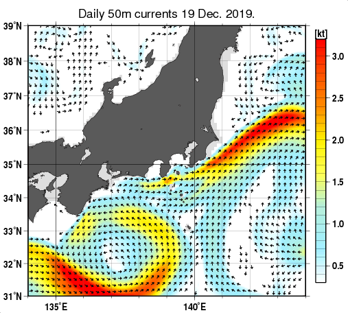 関東・東海・北陸周辺海域の深さ50mの海流分布図（12月19日）