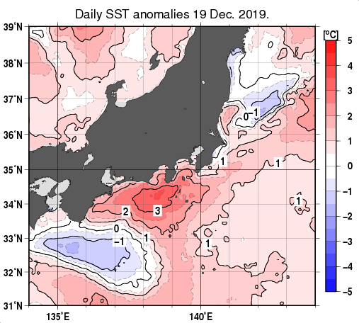 関東・東海・北陸周辺海域の海面水温平年差分布図（12月19日）