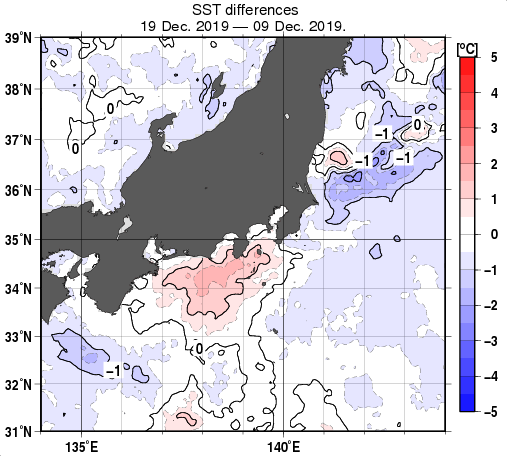 関東・東海・北陸周辺海域の10日間の海面水温変化量分布図（12月19日）