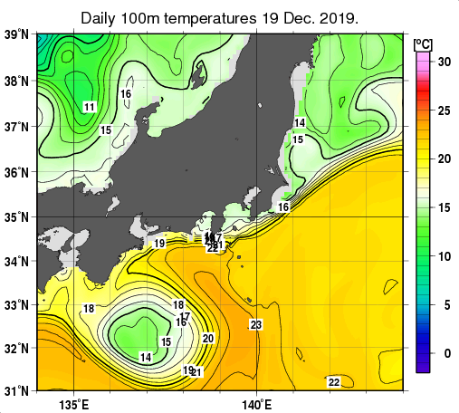 関東・東海・北陸周辺海域の深さ100mの水温分布図（12月19日）