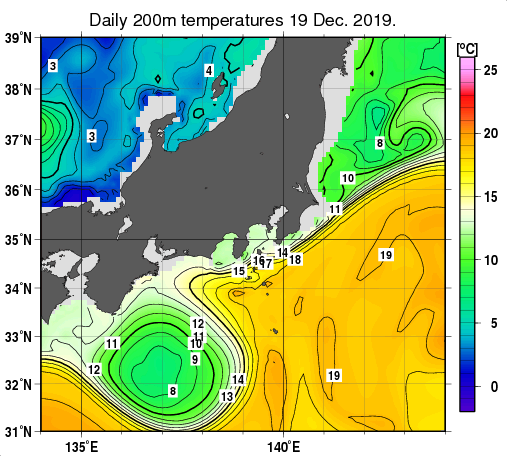 関東・東海・北陸周辺海域の深さ200mの水温分布図（12月19日）