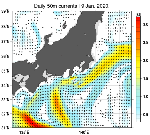 関東・東海・北陸周辺海域の深さ50mの海流分布図（1月19日）
