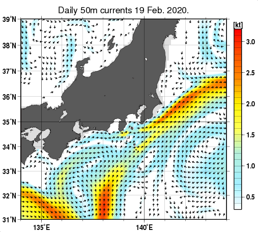 関東・東海・北陸周辺海域の深さ50mの海流分布図（2月19日）