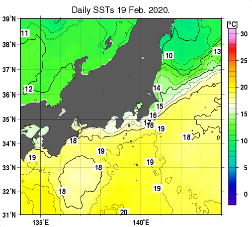関東・東海・北陸周辺海域の海面水温分布図（2月19日）