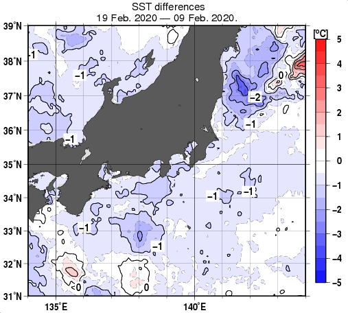 関東・東海・北陸周辺海域の10日間の海面水温変化量分布図（2月19日）